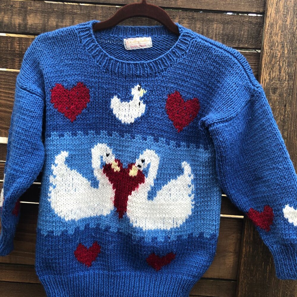 Hand Knit Swans in Love Hearts Bright Vintage Sweater